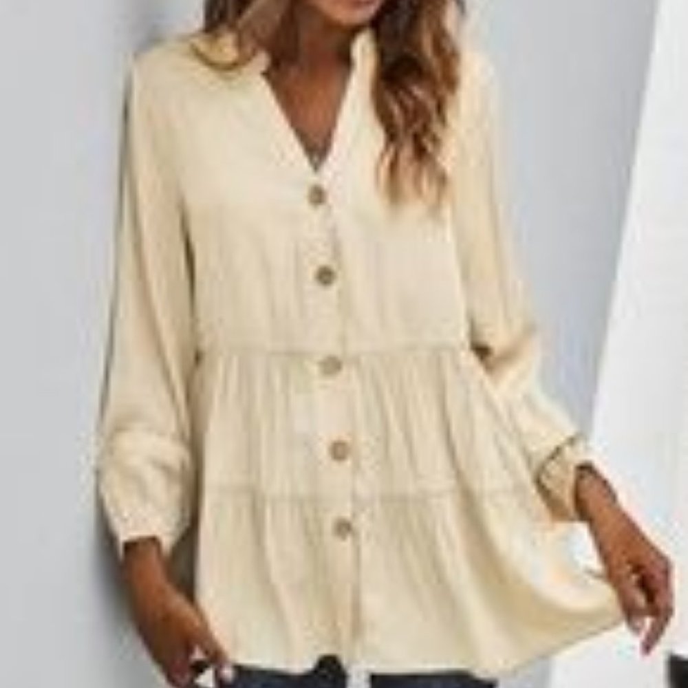 V-Neck Button Down Ruffle Solid Top
